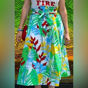 Zara Green Tropical Print Paper Bag A-Line Midi